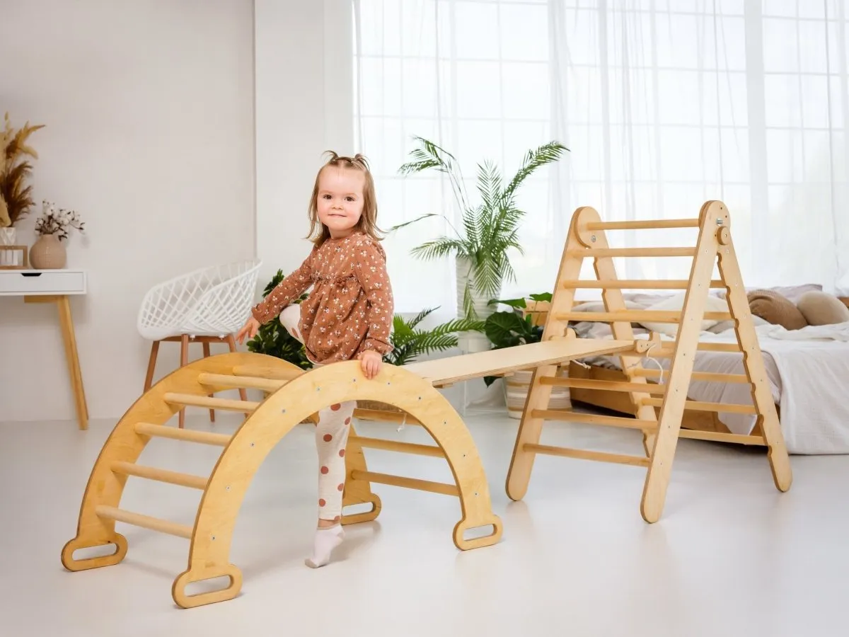 3-in-1 Montessori Climbing Set: Triangle Ladder   Wooden Arch   Slide Board