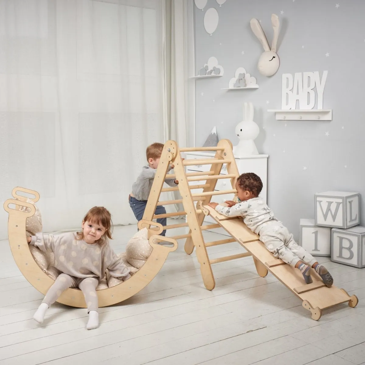 3-in-1 Montessori Climbing Set: Triangle Ladder   Wooden Arch   Slide Board