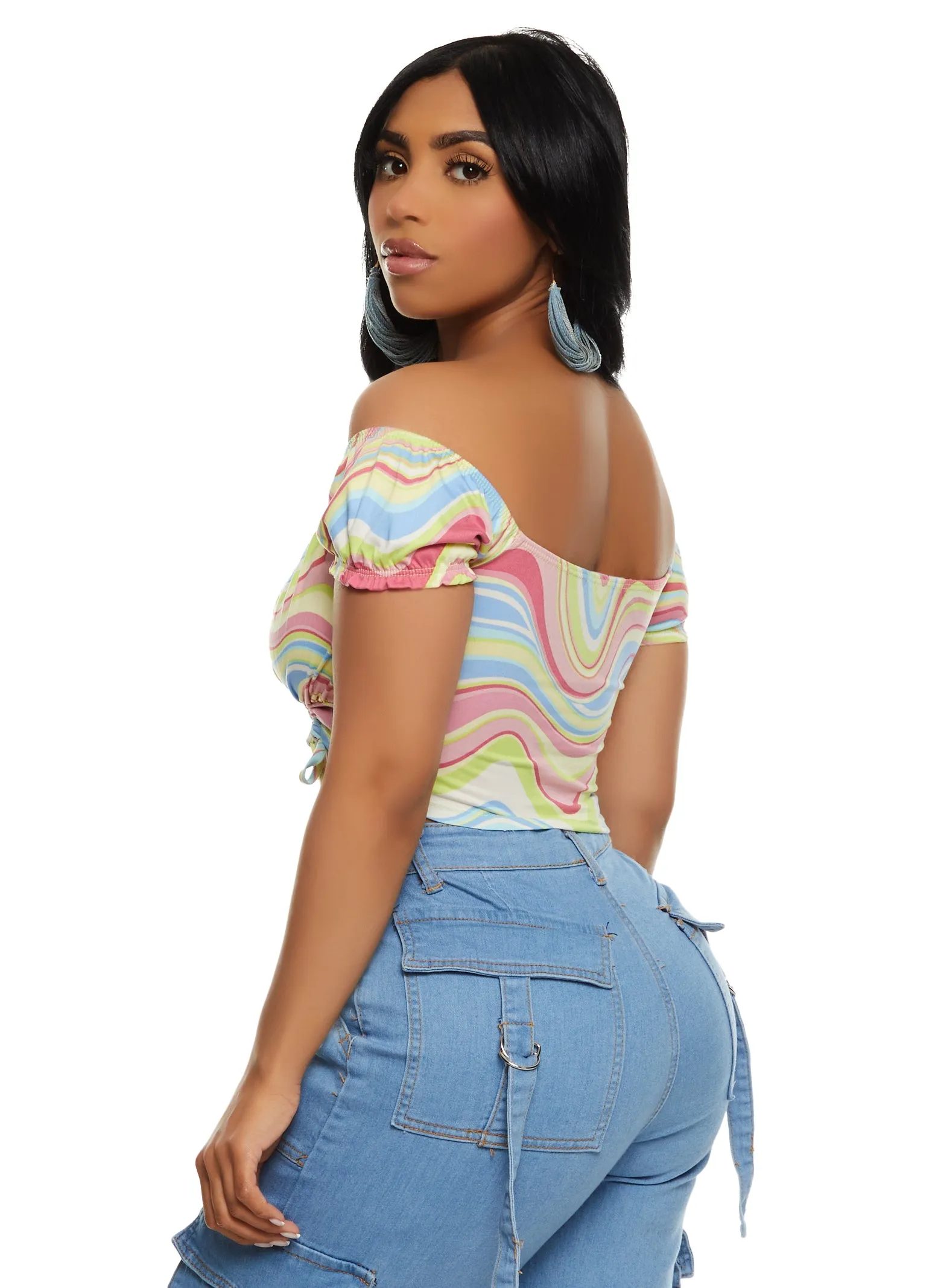 Almost Famous Printed Ruched Off the Shoulder Crop Top