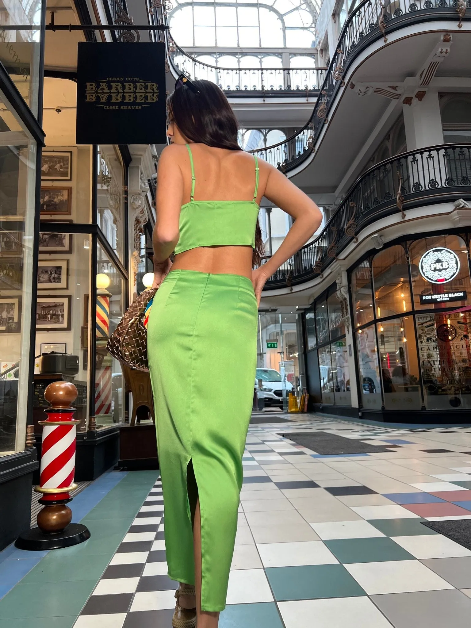 Apple-Green Satin Ruched Keyhole Crop-top