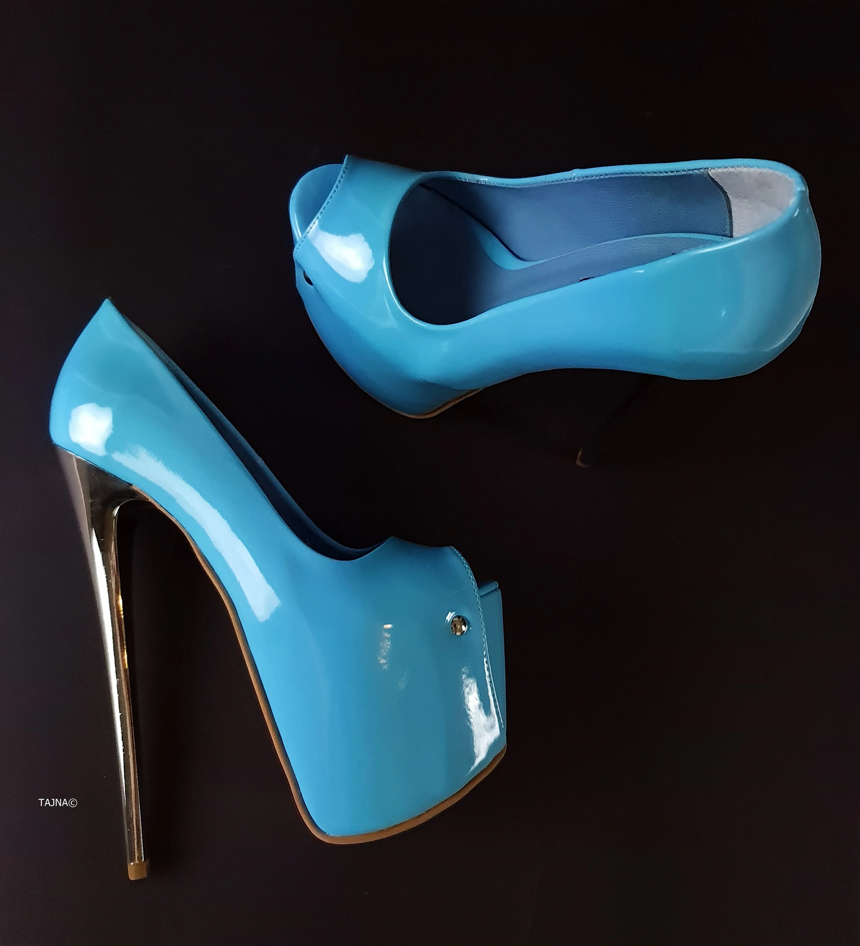 Baby Blue Gloss Peep Toe Metallic High Heels