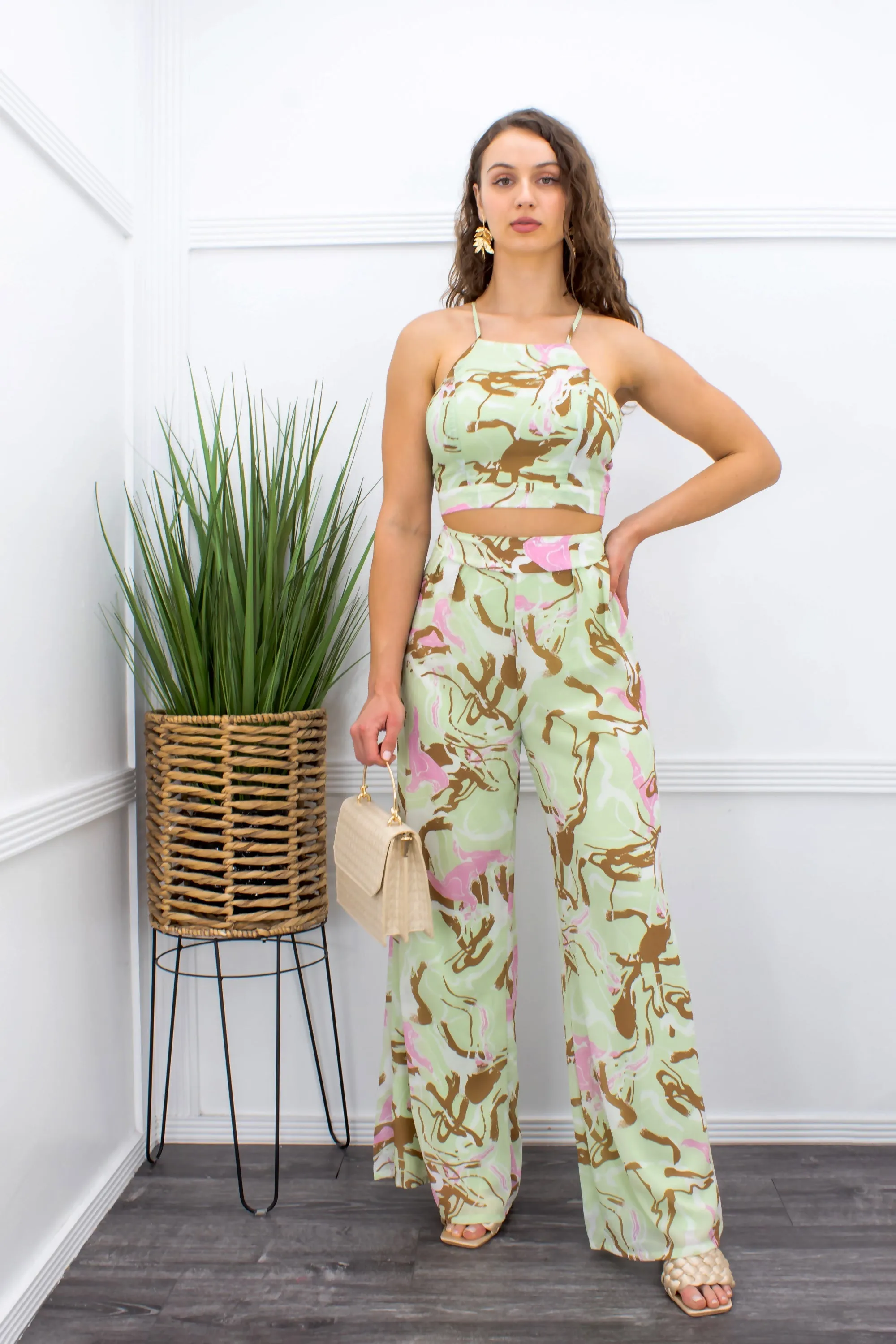 Chiffon Crop Top Pant Set