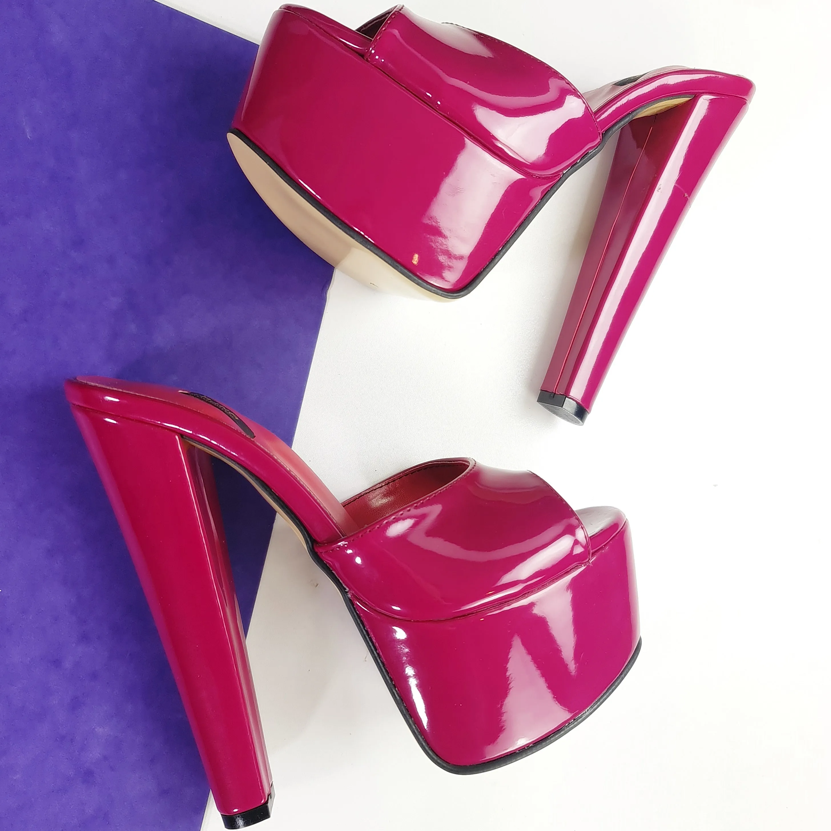 Deep Pink Gloss Chunky High Heel Mules