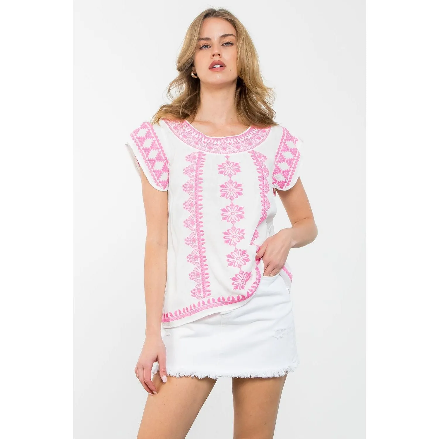 Denee Short Sleeve Embroidered THML Top