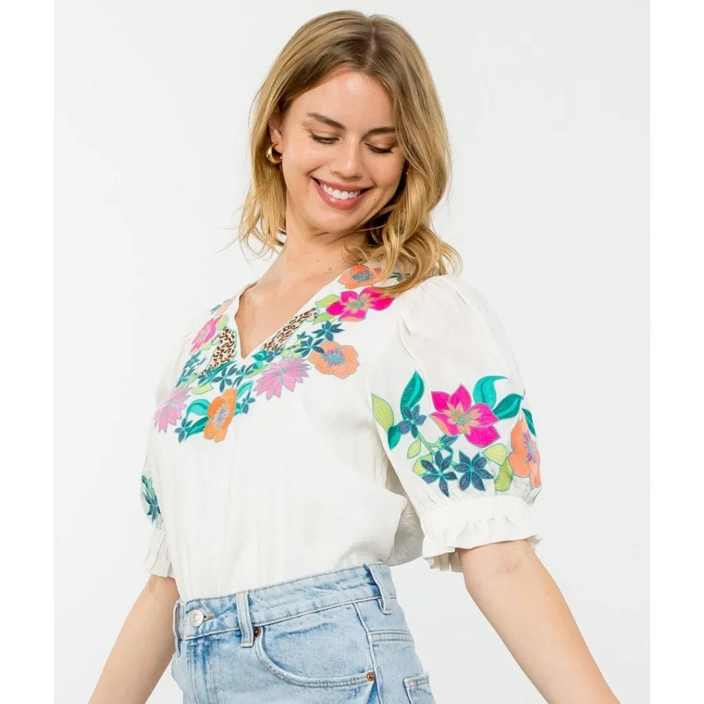 Freya Short Balloon Sleeve Embroidered THML Top