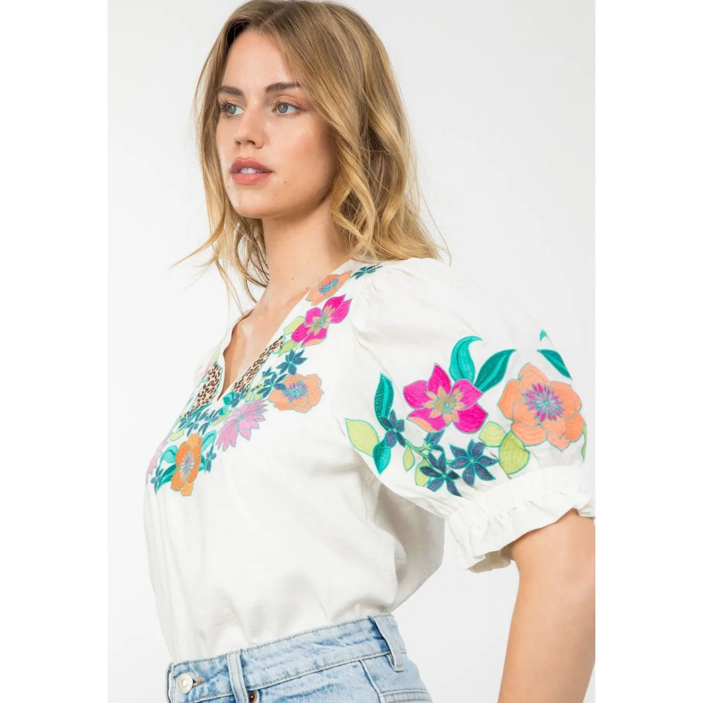 Freya Short Balloon Sleeve Embroidered THML Top