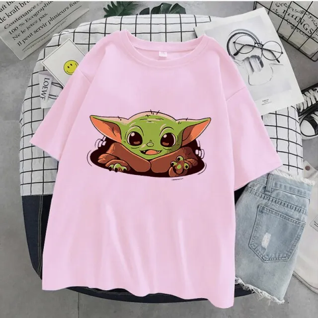 Grogu Girl Clothing Cute Pink Casual crew neck Tshirts