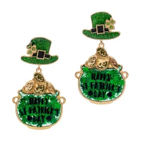 Happy St Patricks Day Message Clover Hat Dangle Earrings