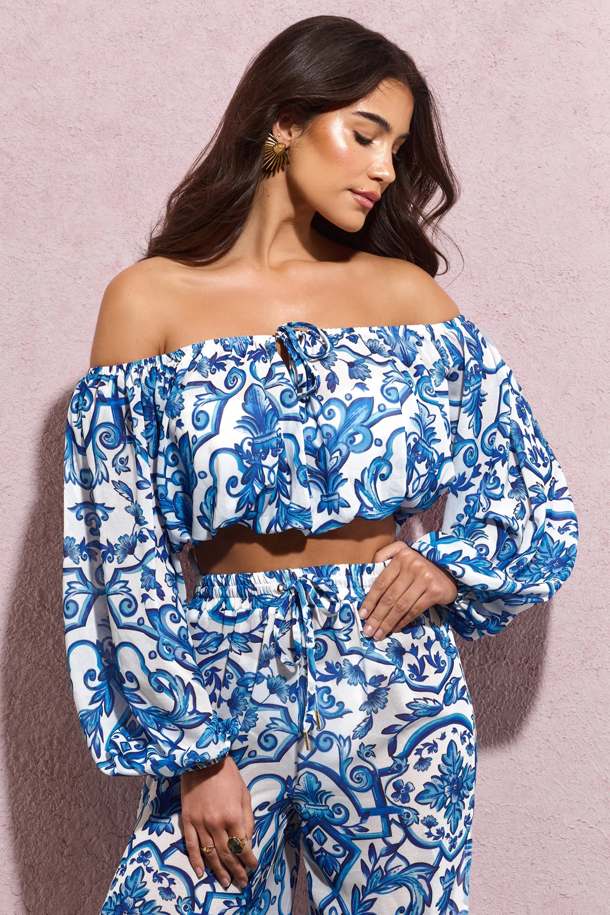 Joi | Blue Porcelain Print Chiffon Bardot Crop Top