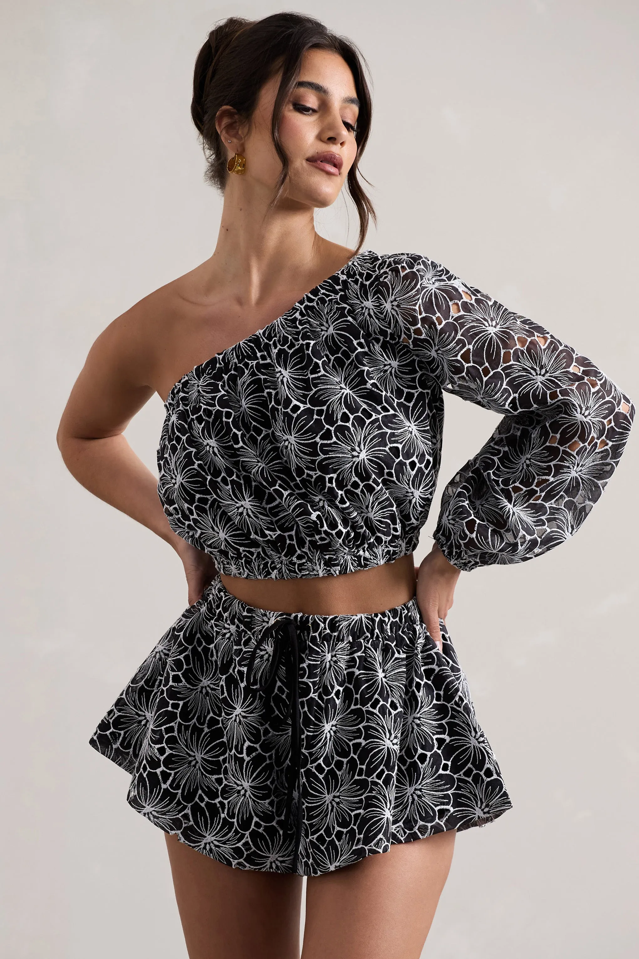 Last Request | Black Lace Asymmetric One-Sleeve Crop-Top