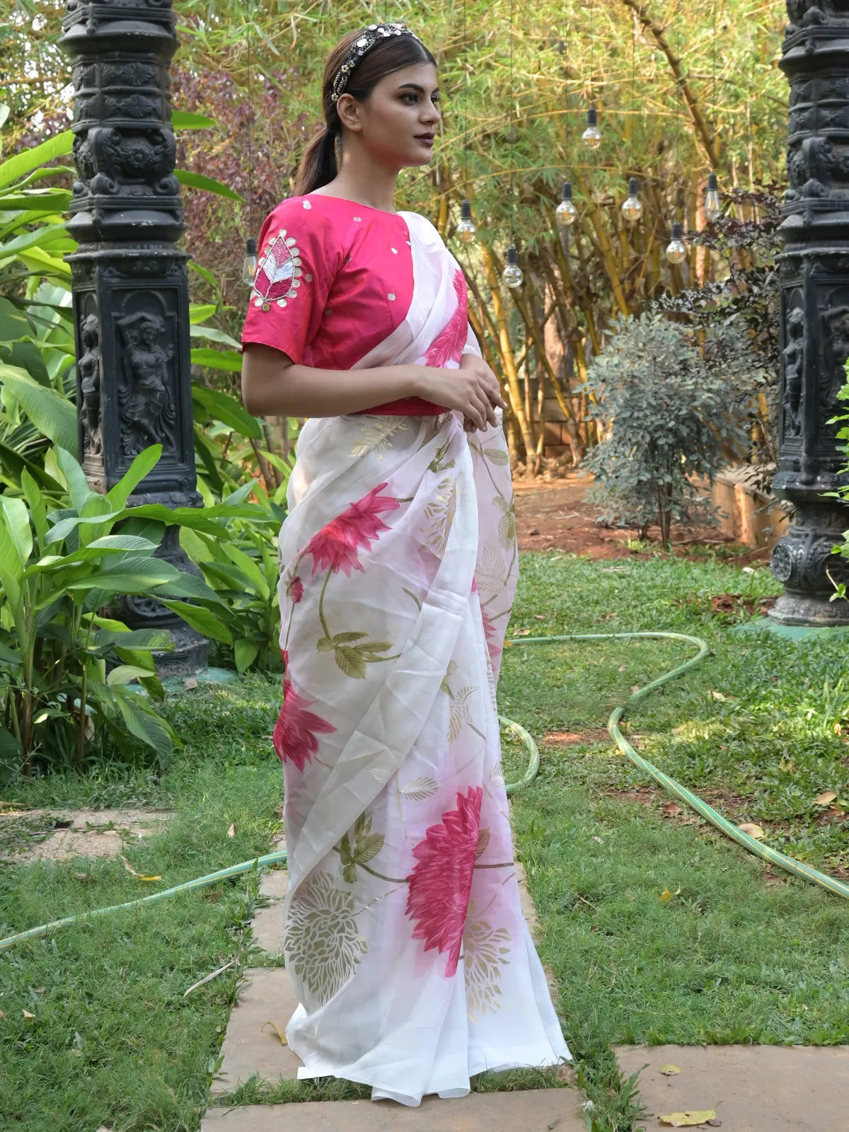 Odette Off White Floral Printed Soft Organza Saree with Unstitched Blouse for Women