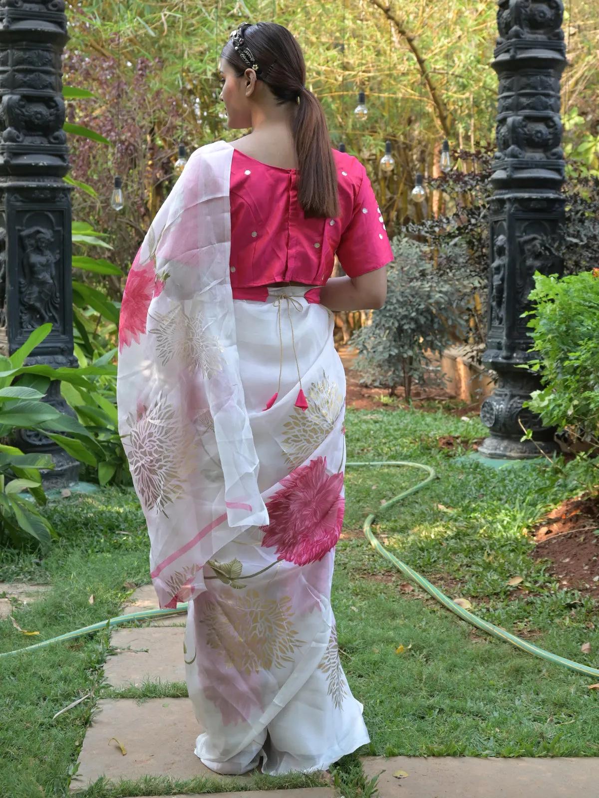 Odette Off White Floral Printed Soft Organza Saree with Unstitched Blouse for Women