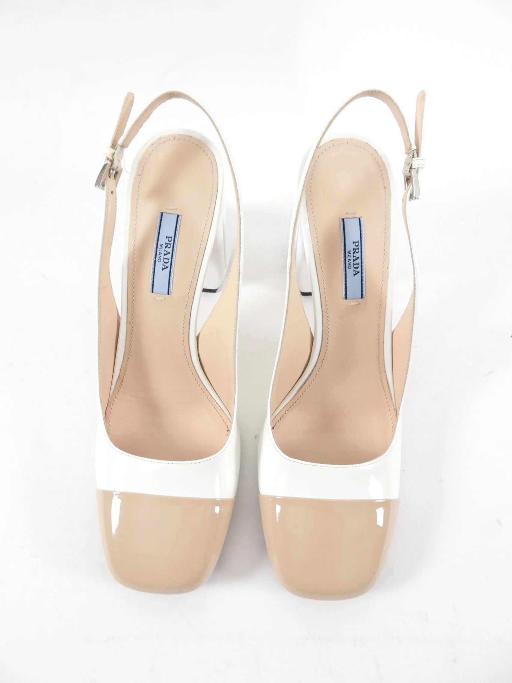 Prada Cap White and Beige Patent Cap Toe Block Heel Slingback - 40.5