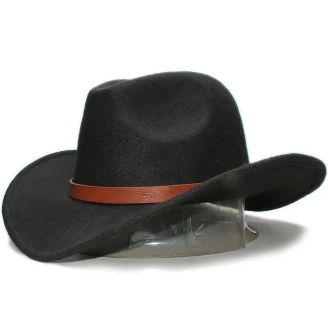 Retro Parent-Child Wool Cowboy Hat with Brown Leather Band