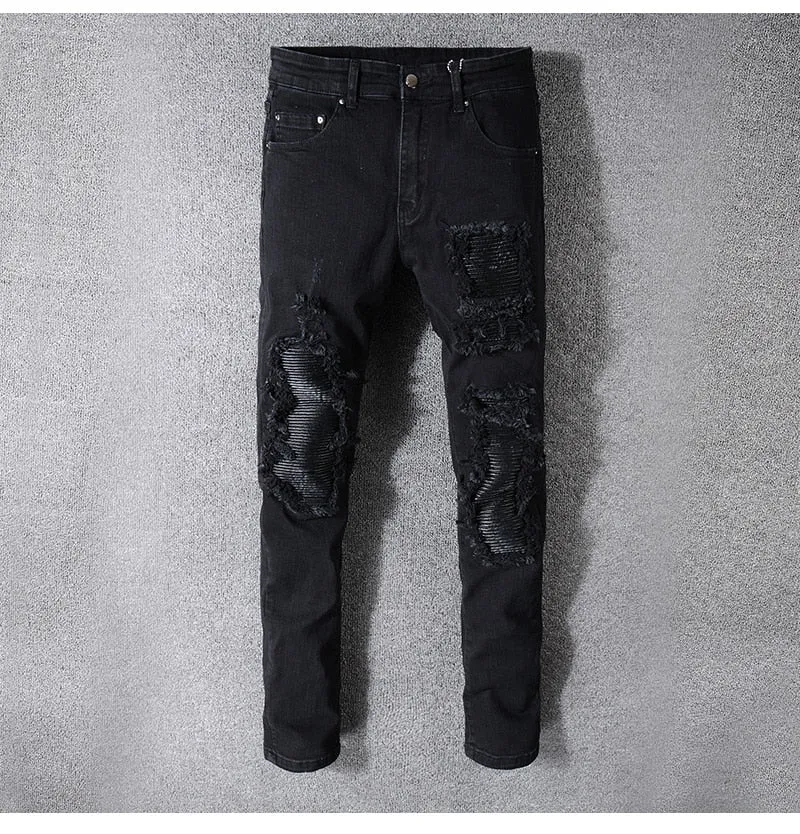 SKINNY-FIT DISTRESSED LEATHER-PANELLED DENIM JEANS - BLACK