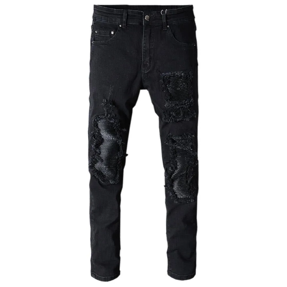 SKINNY-FIT DISTRESSED LEATHER-PANELLED DENIM JEANS - BLACK