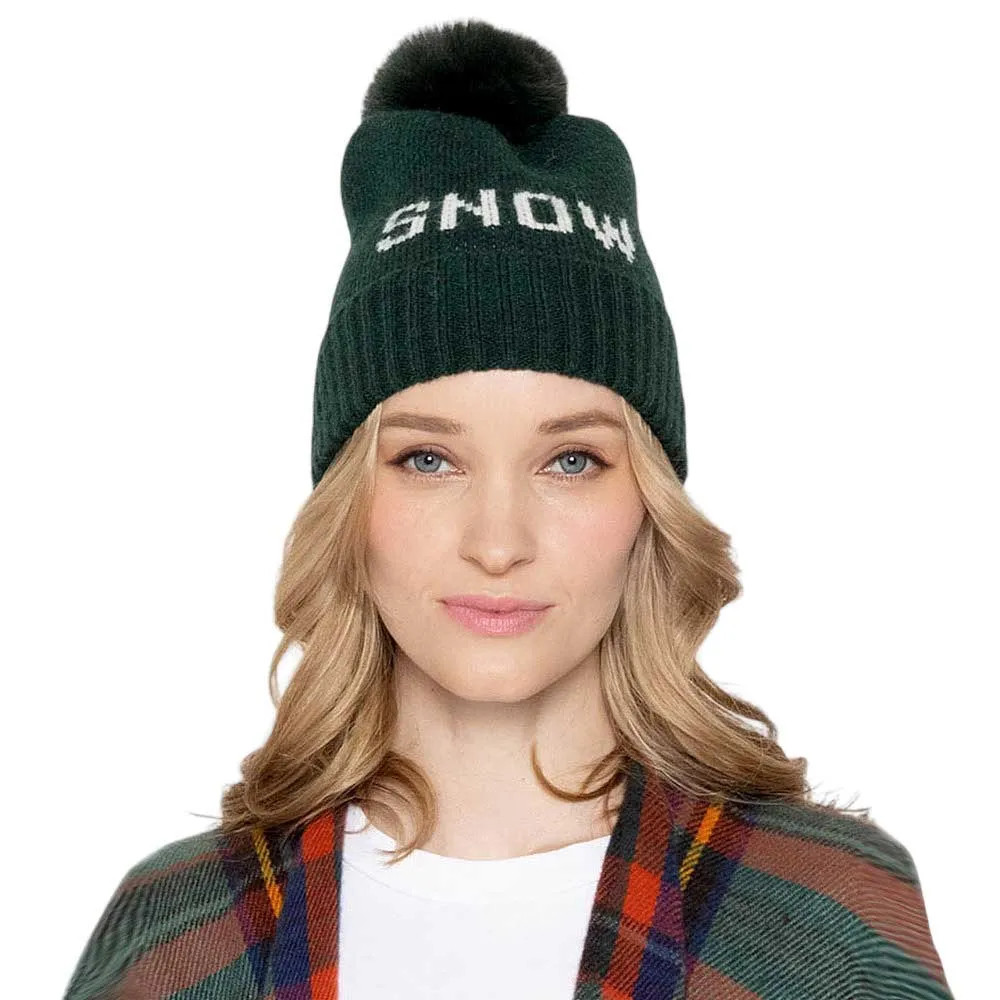 Snow Message Faux Fur Pom Pom Cable Knit Beanie Hat