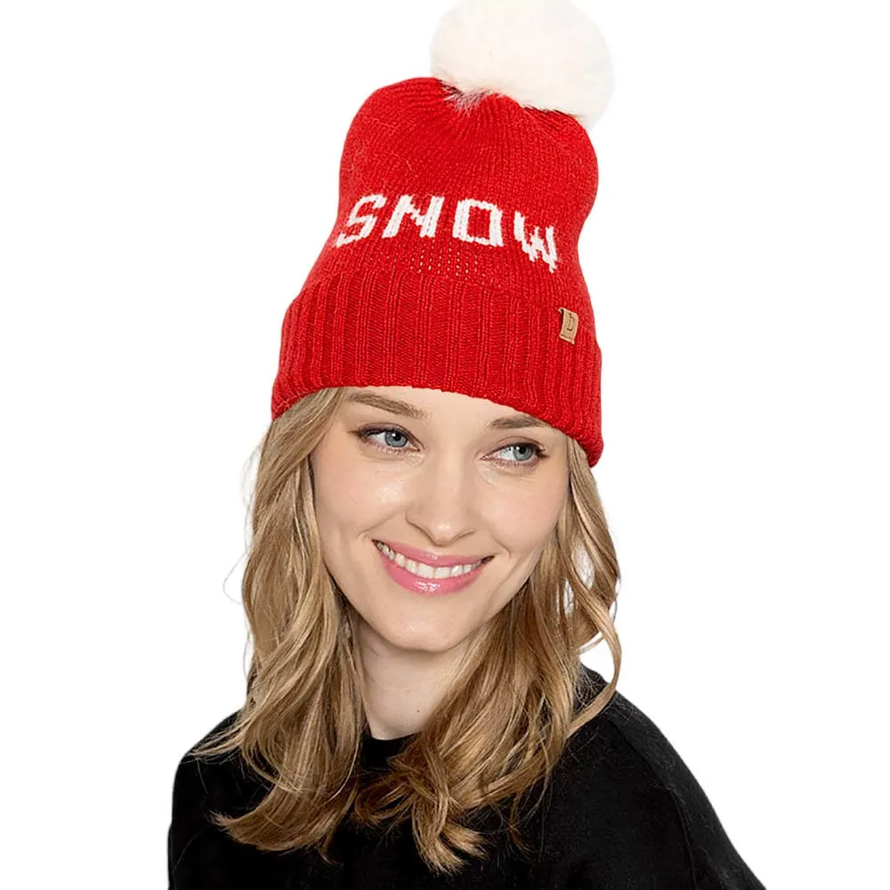 Snow Message Faux Fur Pom Pom Cable Knit Beanie Hat