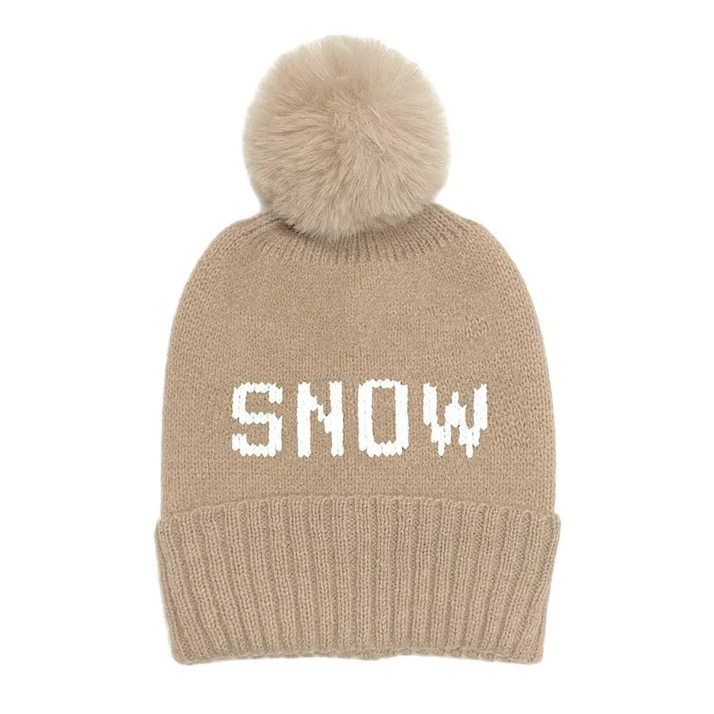 Snow Message Faux Fur Pom Pom Cable Knit Beanie Hat