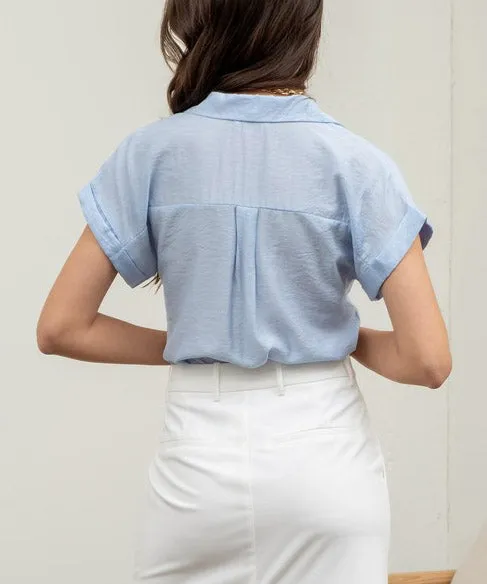 Split Neck Short Sleeve Top - Ice Blue