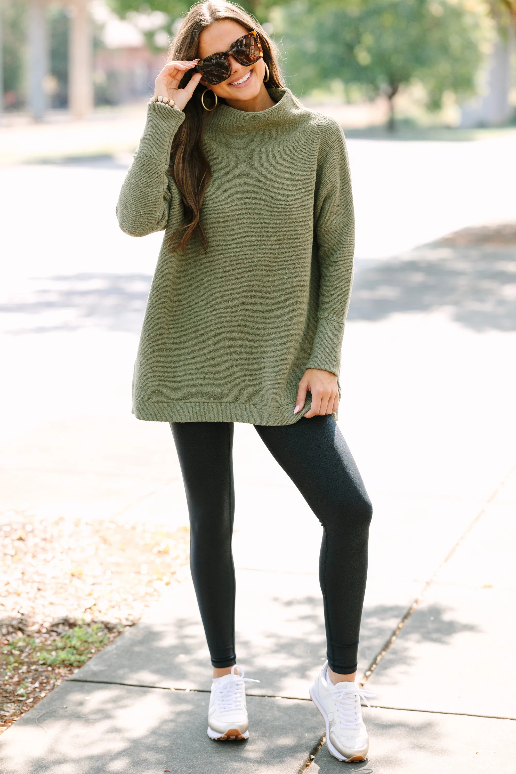 Certainly! The title Slouchy Olive Green Mock Neck Tunic can be optimized to Comfortable Olive Green Mock Neck Tunic.