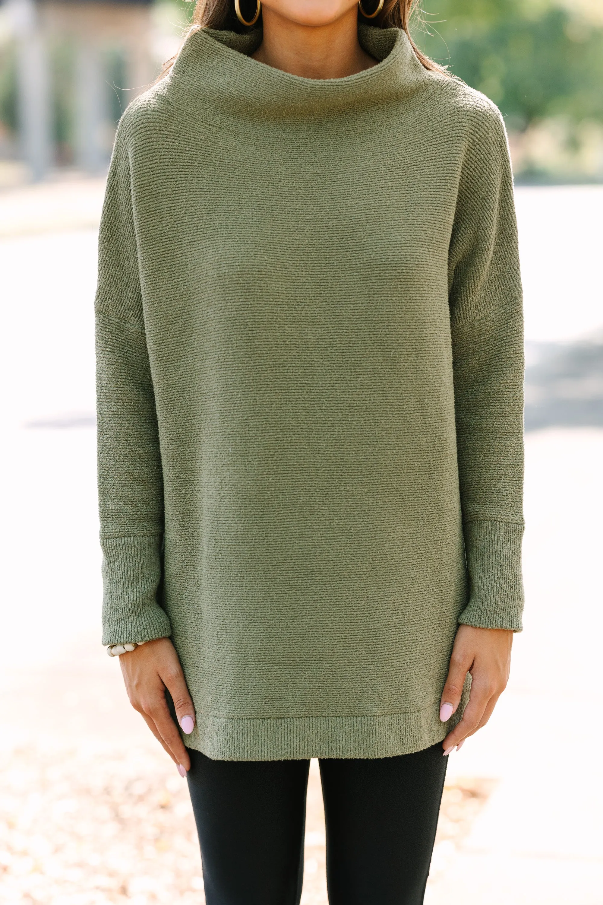 Certainly! The title Slouchy Olive Green Mock Neck Tunic can be optimized to Comfortable Olive Green Mock Neck Tunic.