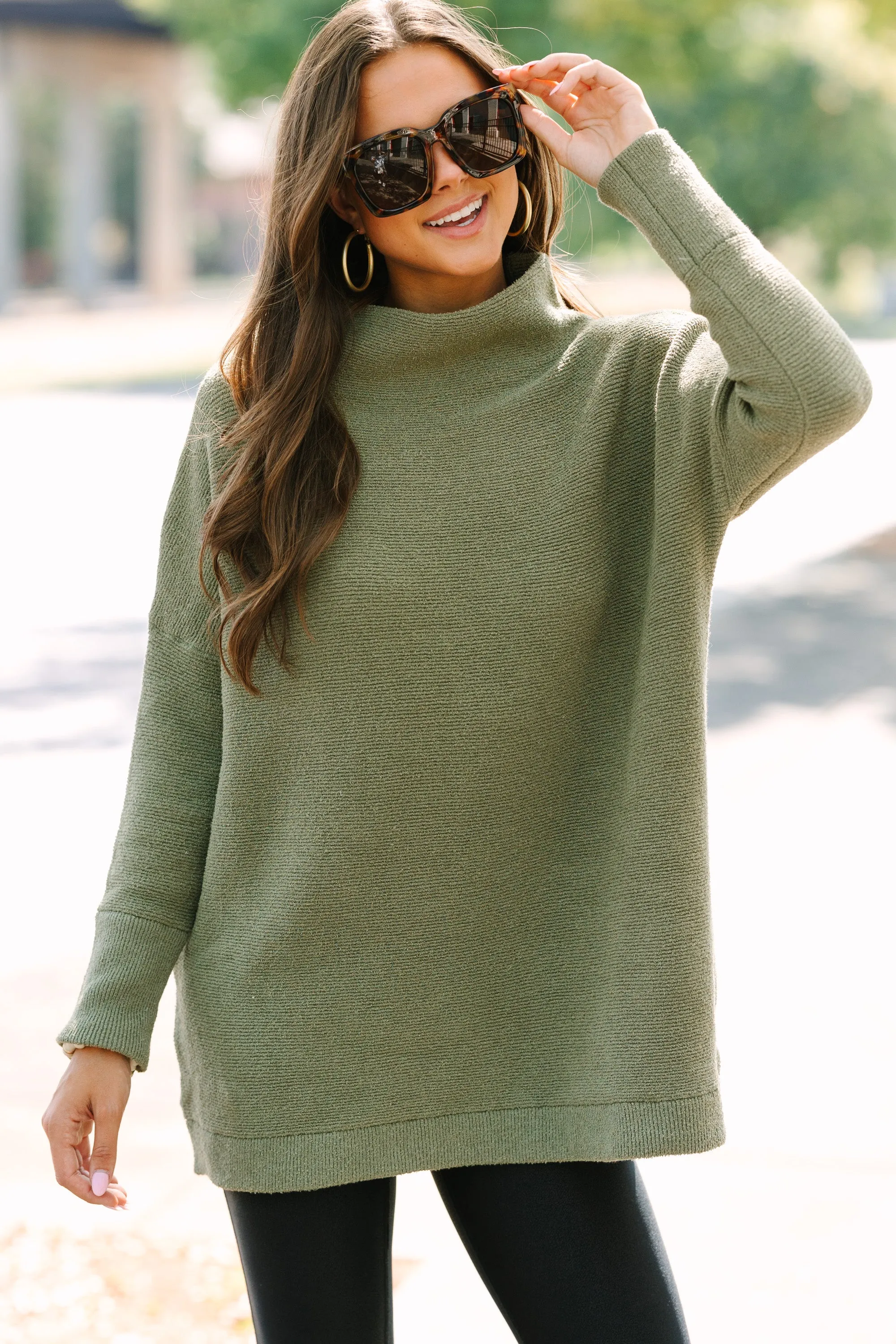 Certainly! The title Slouchy Olive Green Mock Neck Tunic can be optimized to Comfortable Olive Green Mock Neck Tunic.