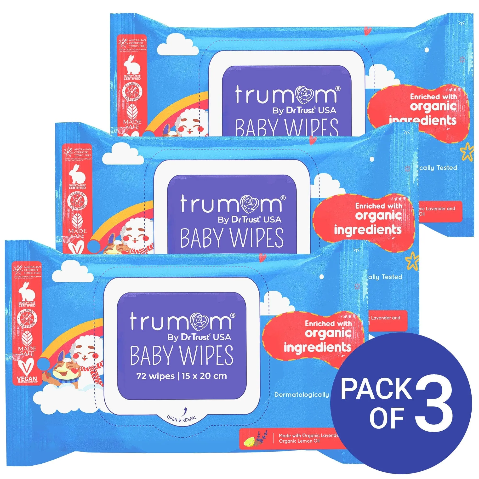 Trumom USA ORGANIC Baby Wipes (Pack of 3) - Australian Made Safe Certified, Toxins & Harmful Chemical Free 2015(Expiry March 2024)