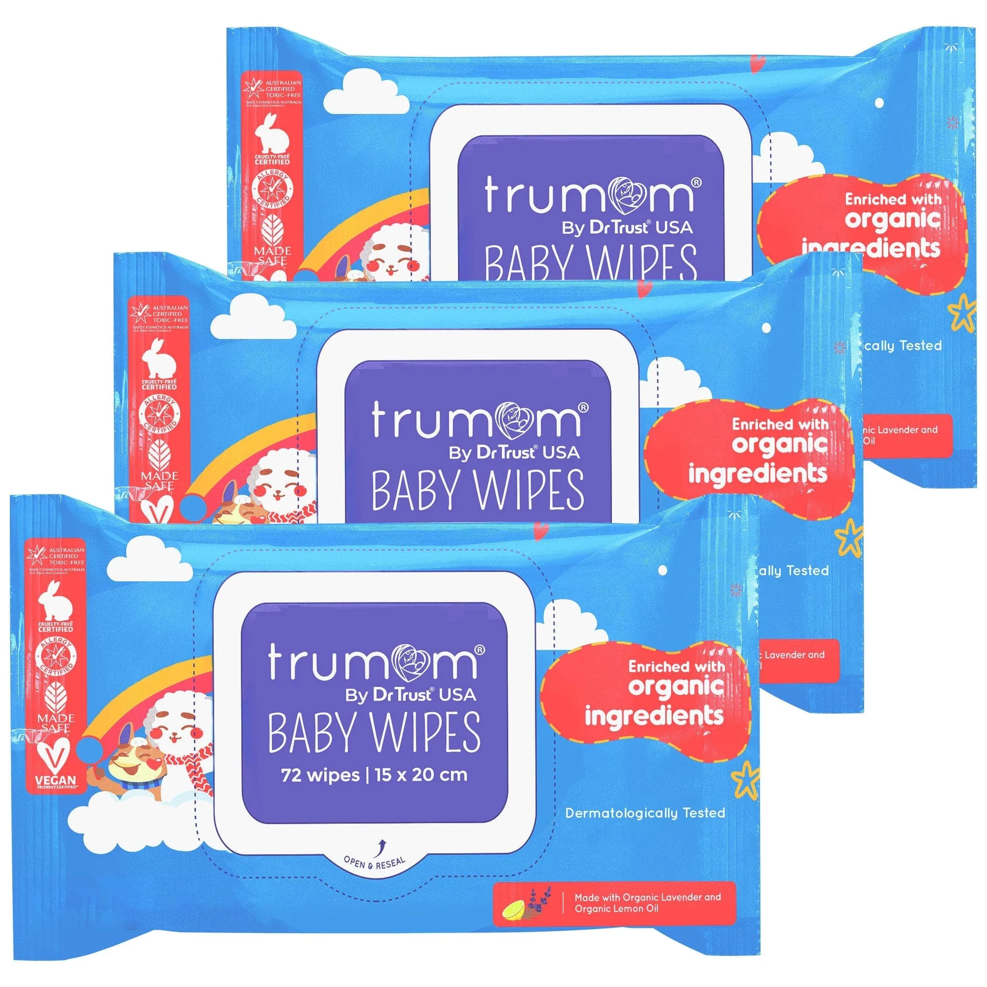 Trumom USA ORGANIC Baby Wipes (Pack of 3) - Australian Made Safe Certified, Toxins & Harmful Chemical Free 2015(Expiry March 2024)