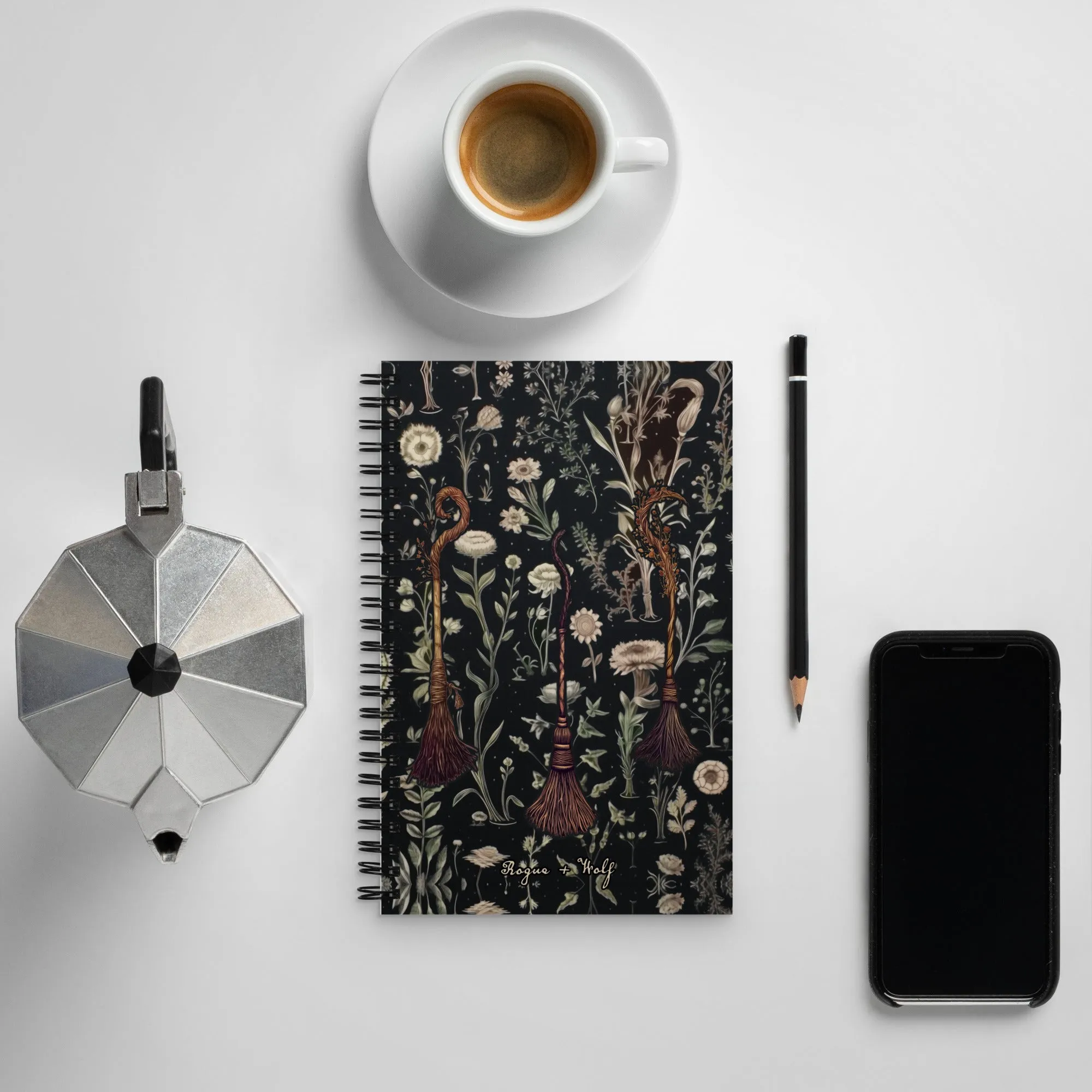 Witches' Broomsticks Spiral Notebook - Botanical Witchy Journal Uni & College Dark Academia Essentials - Gothic Stationery