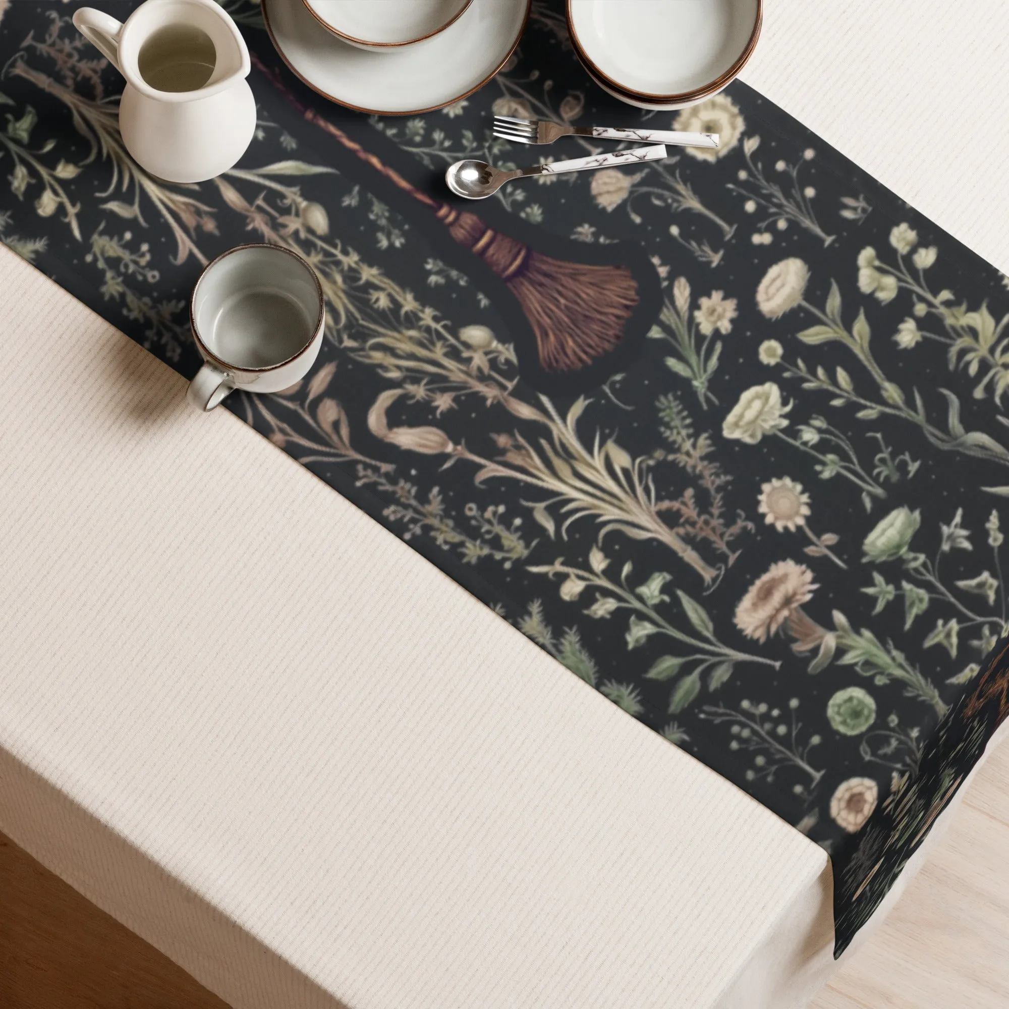 Witches' Broomsticks Table Runner - Botanical Witchy Home Decor - Goth Dinner Table Setup - Gothic Kitchen Room Decor