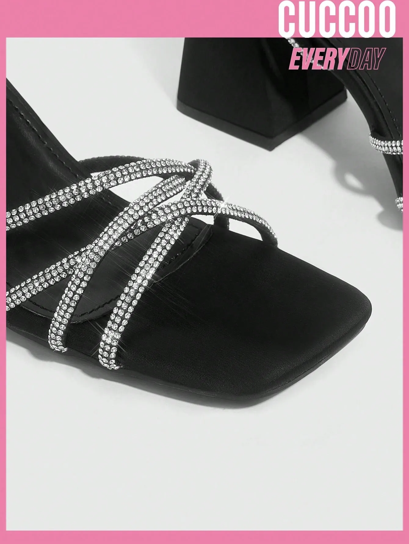 Woman Shoes Stylish Black Rhinestone Bar Chunky High-Heeled Sandals For Spring And Summer