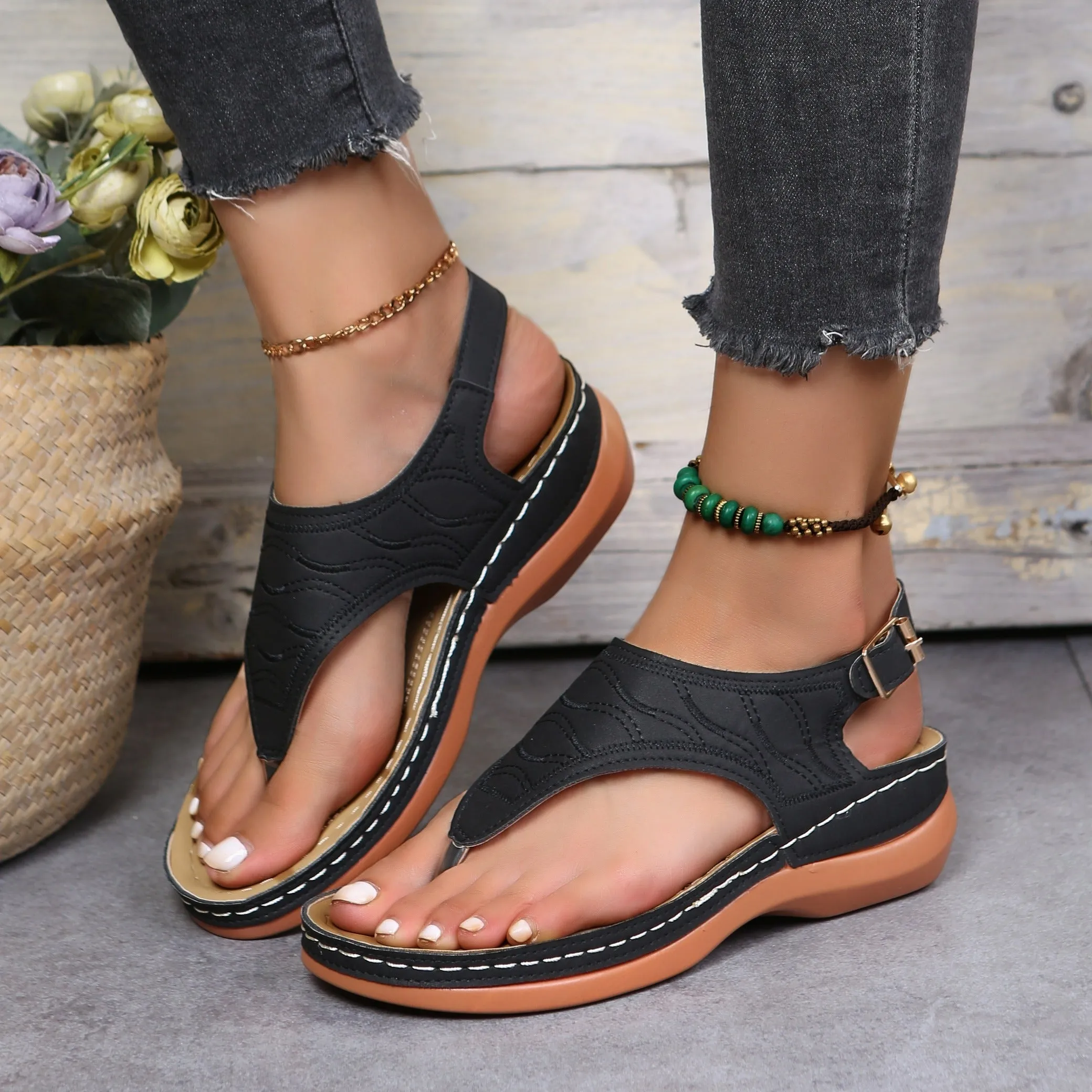 Women's Wedge Flip Flops Sandals Rome Style Solid Color Open Toe Buckle Strap Non-slip Shoes