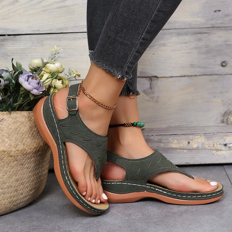 Women's Wedge Flip Flops Sandals Rome Style Solid Color Open Toe Buckle Strap Non-slip Shoes