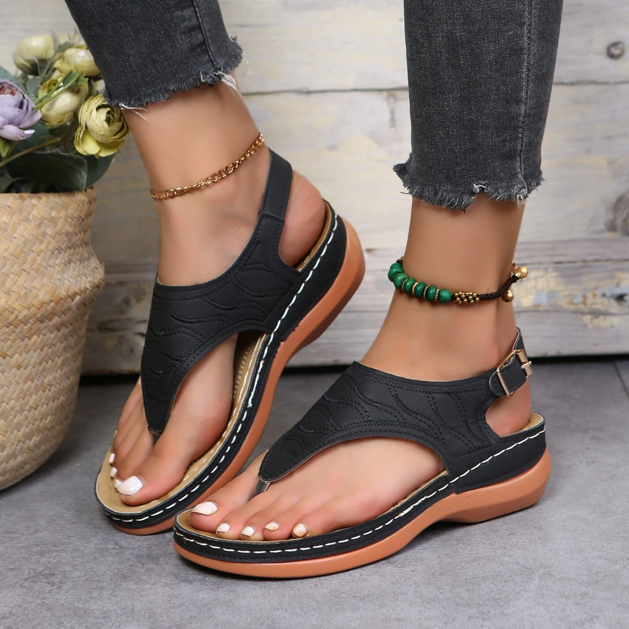 Women's Wedge Flip Flops Sandals Rome Style Solid Color Open Toe Buckle Strap Non-slip Shoes