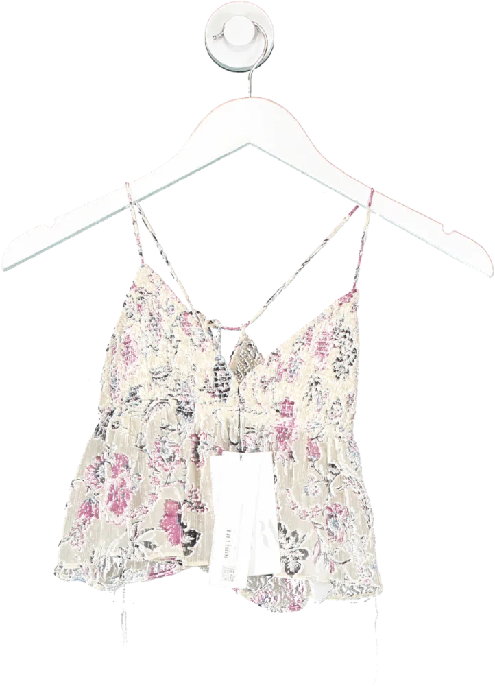 ZARA Beige Sheer Floral Crop Top UK XS